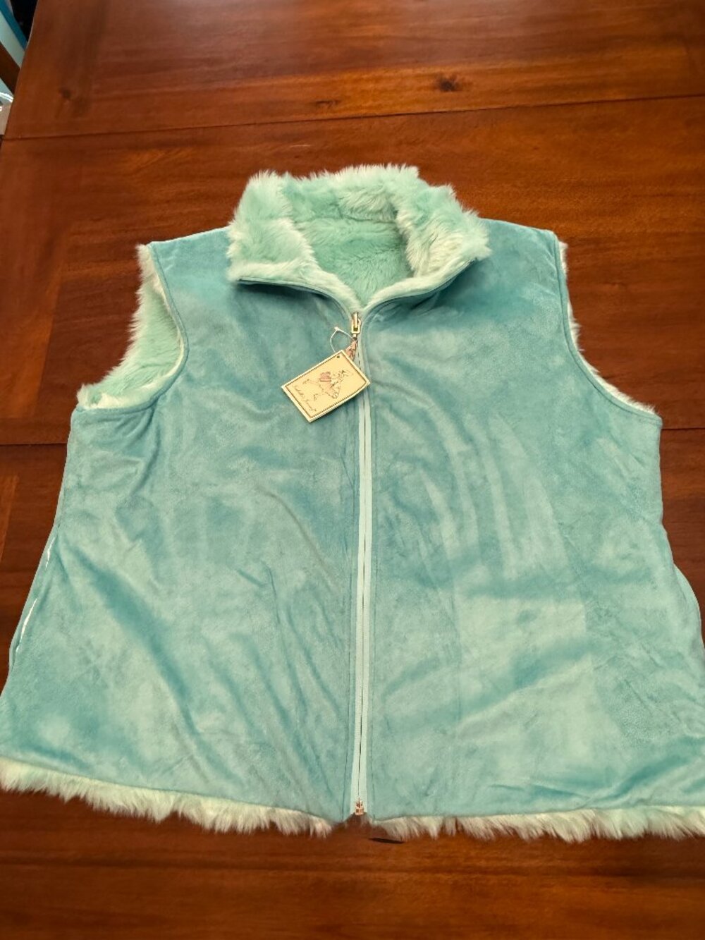 Isabella's Journey L XL Teal Faux Fur Reversible Vest NWT Y2K Boho 4346